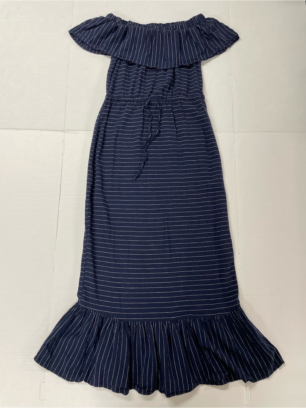 Linen Viscose Dress Navy Blue White Stripe Off Shoulder Maxi Nautical Ruffle Tie